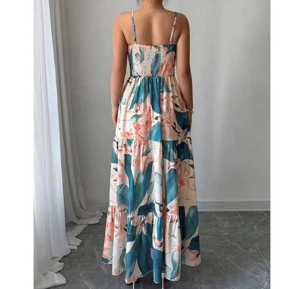Boho Floral Tropical Print Front Tie Cami maxi Dress - Picture 5 of 5